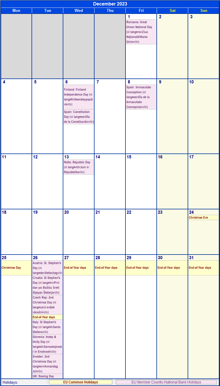 December 2023 Printable Calendar with EU common Holidays & EU Member Country National & Bank Holidays