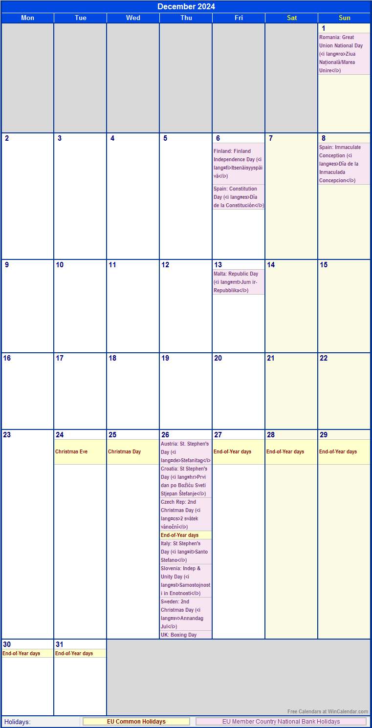 December 2024 EU Calendar With Holidays For Printing image Format 