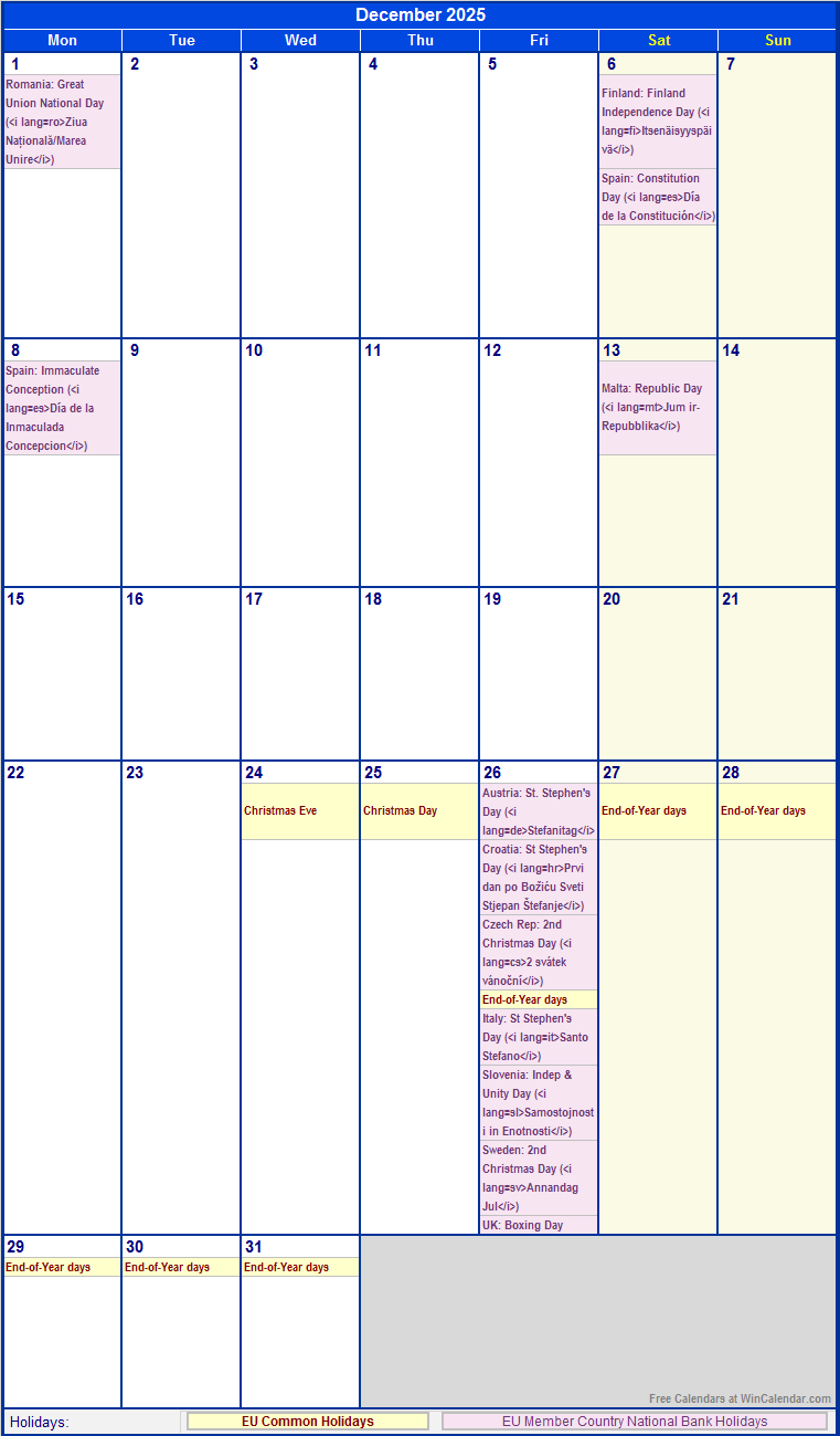 December 2025 EU Calendar with Holidays for printing (image format)