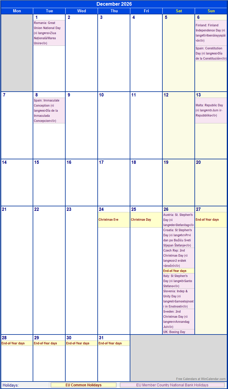 December 2026 Printable Calendar with EU common Holidays & EU Member Country National & Bank Holidays