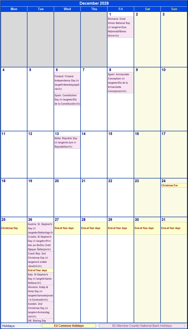 December 2028 Printable Calendar with EU common Holidays & EU Member Country National & Bank Holidays