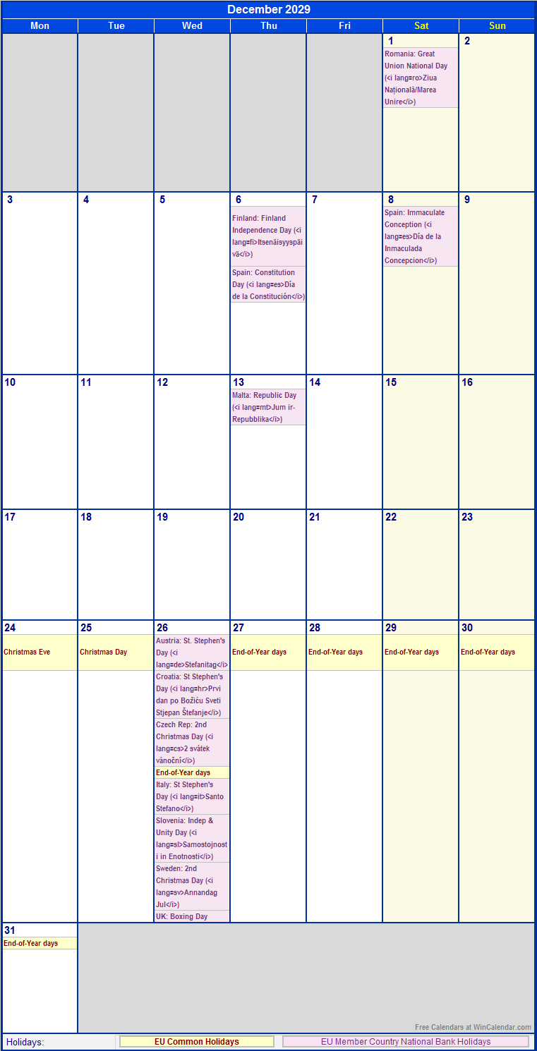 December 2029 Printable Calendar with EU common Holidays & EU Member Country National & Bank Holidays