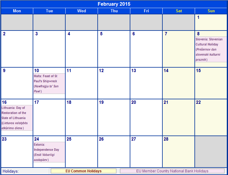 February 2015 EU Calendar with Holidays for printing (image format)