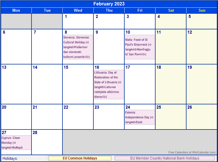 February 2023 Printable Calendar with EU common Holidays & EU Member Country National & Bank Holidays