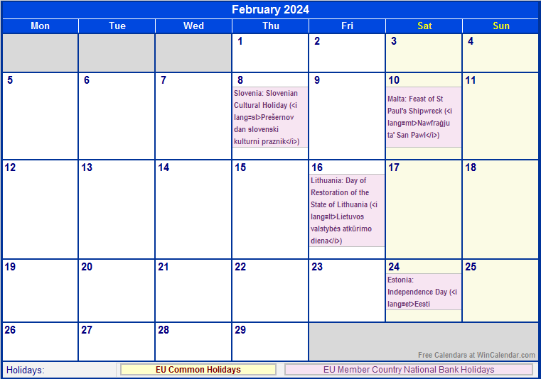 February 2024 Printable Calendar with EU common Holidays & EU Member Country National & Bank Holidays