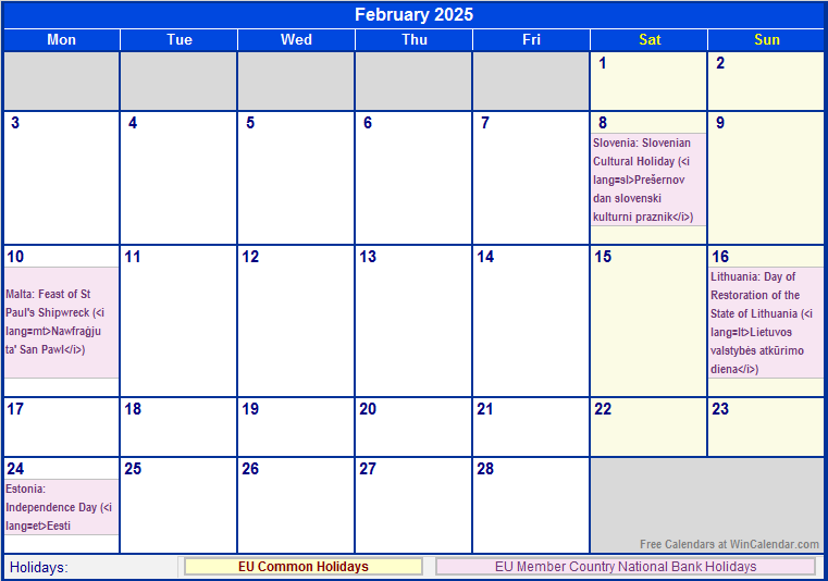 February 2025 EU Calendar with Holidays for printing (image format)