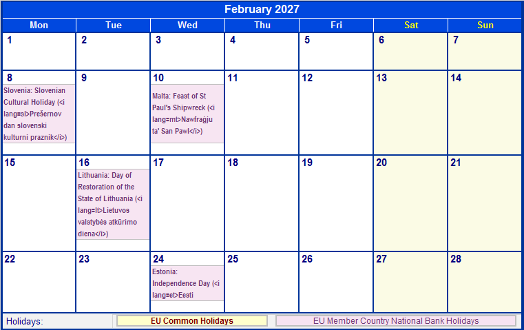February 2027 Printable Calendar with EU common Holidays & EU Member Country National & Bank Holidays