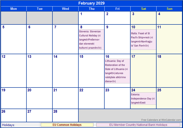 February 2029 Printable Calendar with EU common Holidays & EU Member Country National & Bank Holidays