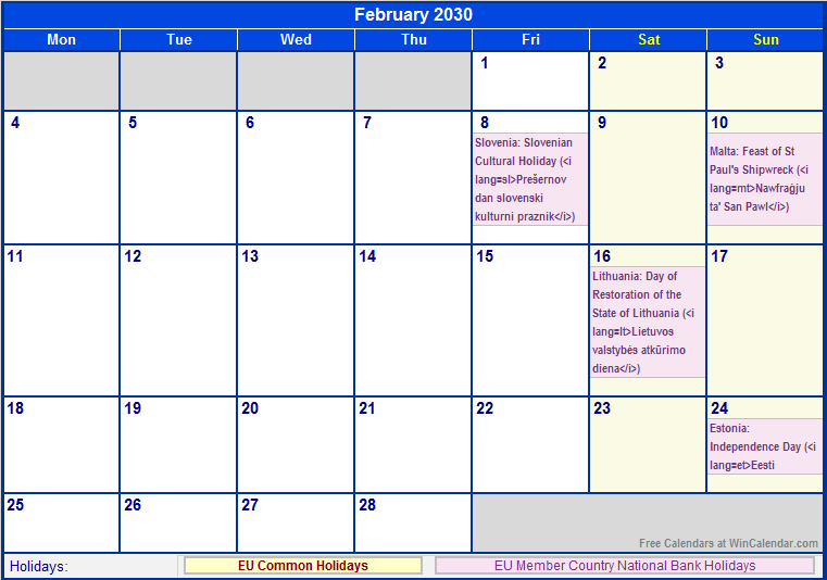 February 2030 EU Calendar with Holidays for printing (image format)