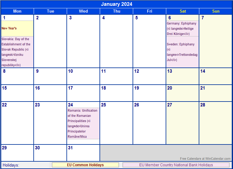January 2024 Printable Calendar with EU common Holidays & EU Member Country National & Bank Holidays