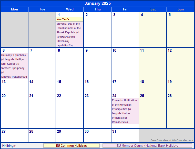 January 2025 EU Calendar with Holidays for printing (image format)