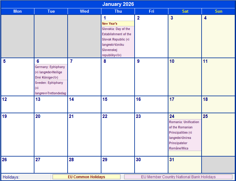January 2026 Printable Calendar with EU common Holidays & EU Member Country National & Bank Holidays