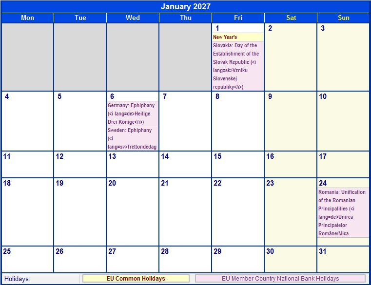 January 2027 Printable Calendar with EU common Holidays & EU Member Country National & Bank Holidays