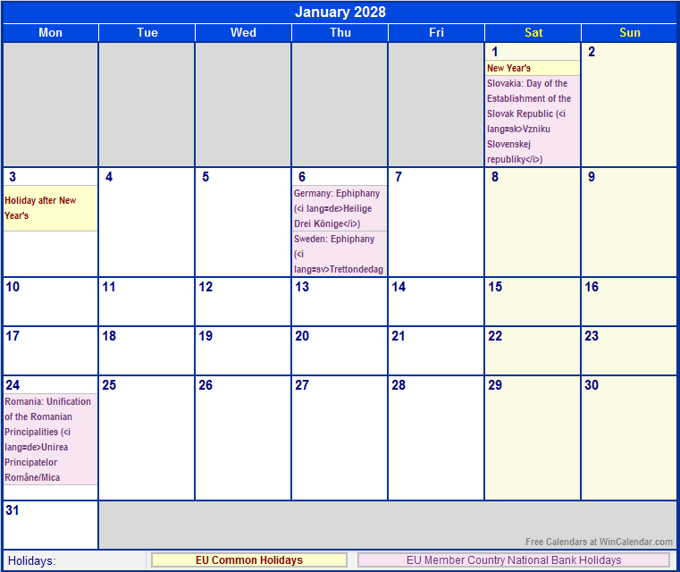 January 2028 EU Calendar with Holidays for printing (image format)