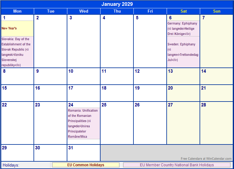 January 2029 Printable Calendar with EU common Holidays & EU Member Country National & Bank Holidays