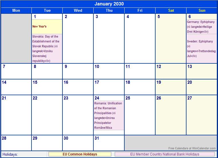 January 2030 Printable Calendar with EU common Holidays & EU Member Country National & Bank Holidays