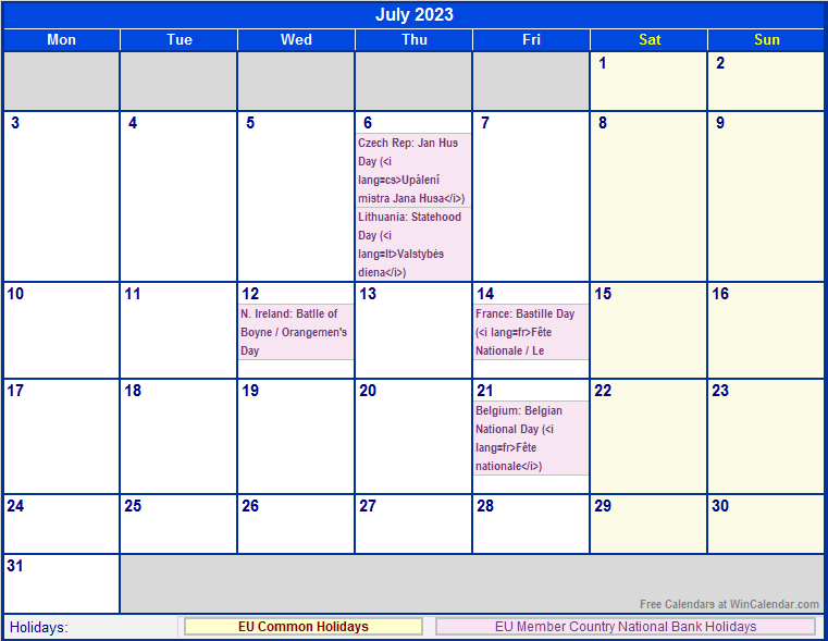 July 2023 EU Calendar with Holidays for printing (image format)