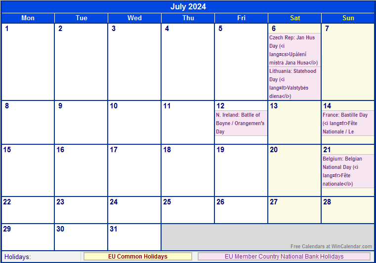 July 2024 Printable Calendar with EU common Holidays & EU Member Country National & Bank Holidays