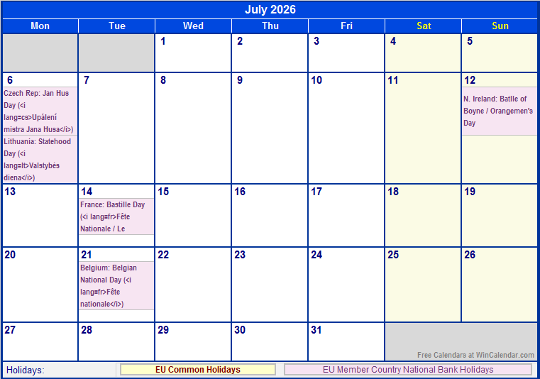 July 2026 Printable Calendar with EU common Holidays & EU Member Country National & Bank Holidays