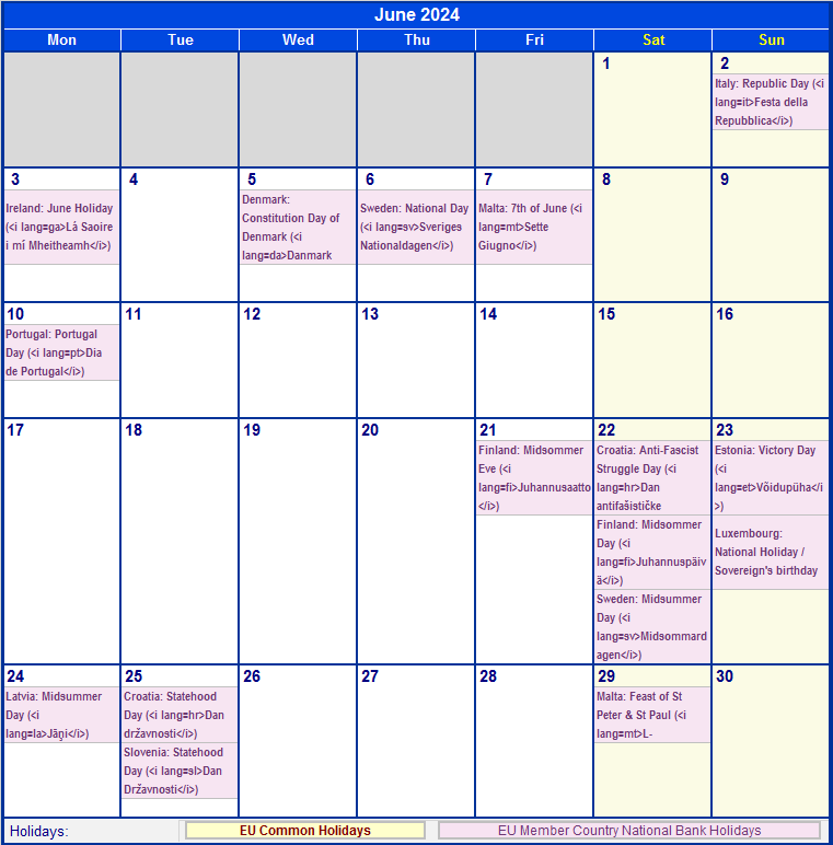 June 2024 Printable Calendar with EU common Holidays & EU Member Country National & Bank Holidays