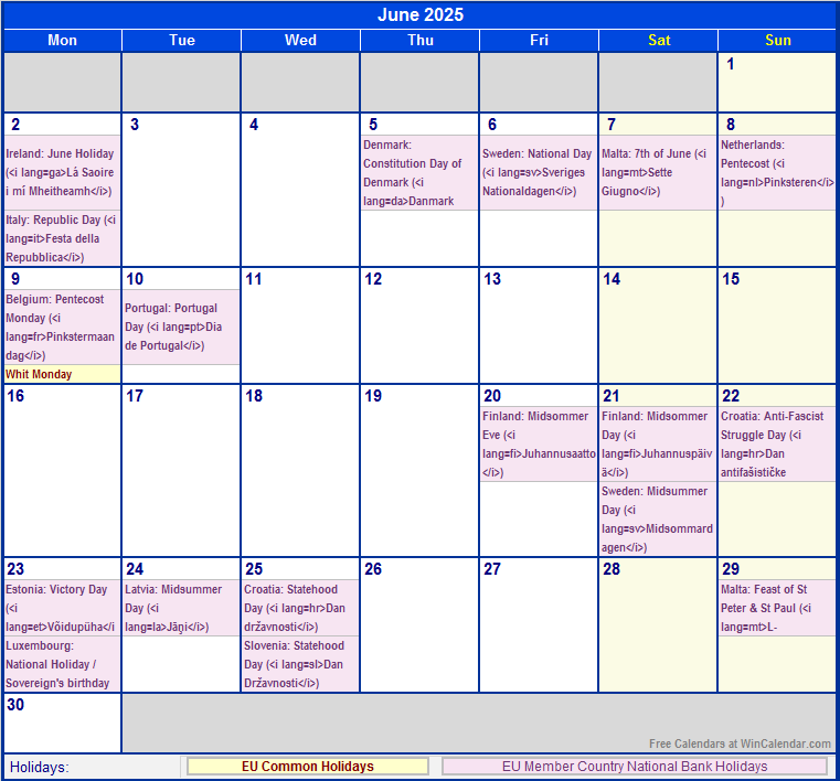 June 2025 EU Calendar with Holidays for printing (image format)
