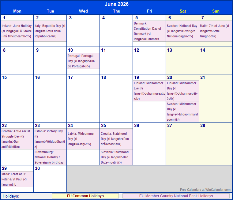 June 2026 EU Calendar With Holidays For Printing image Format 