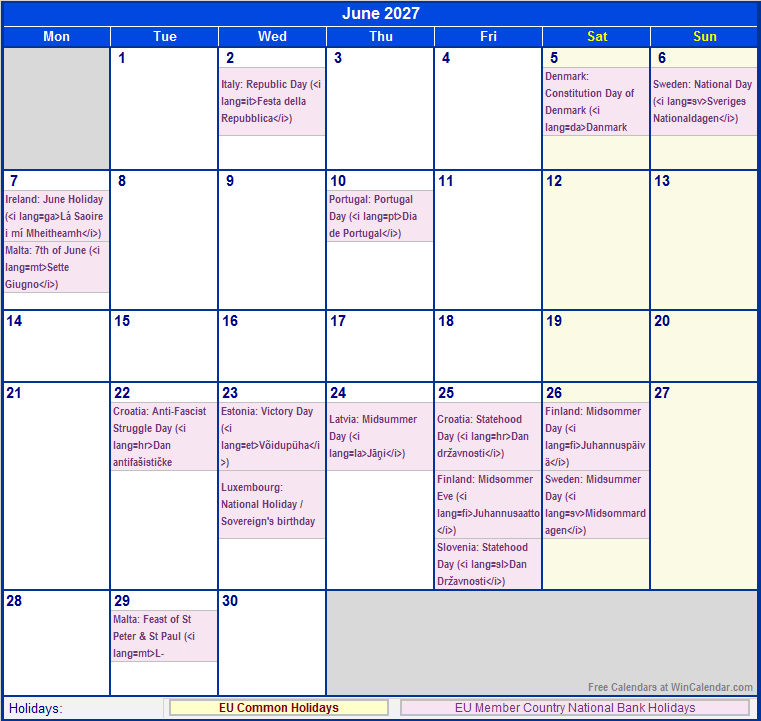 June 2027 EU Calendar with Holidays for printing (image format)