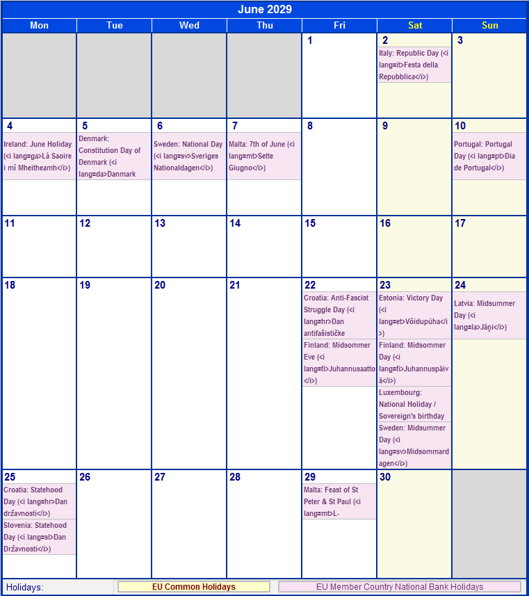 June 2029 Printable Calendar with EU common Holidays & EU Member Country National & Bank Holidays