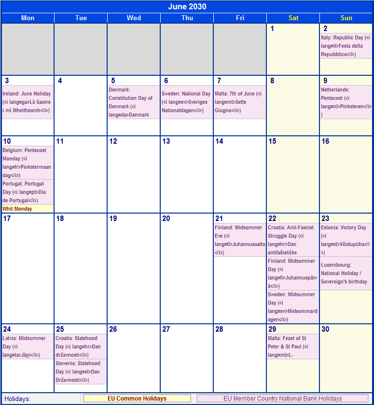June 2030 Printable Calendar with EU common Holidays & EU Member Country National & Bank Holidays