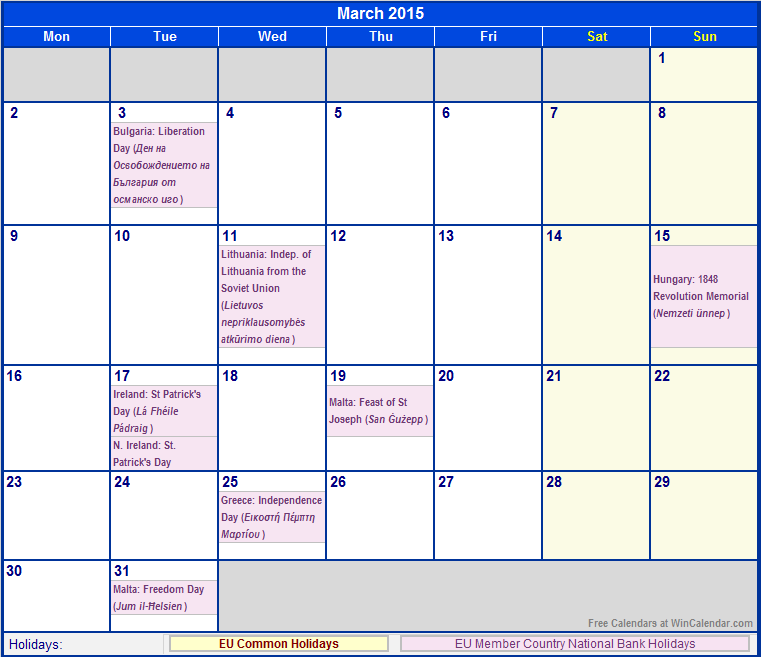 March 2015 Eu Calendar With Holidays For Printing Image Format
