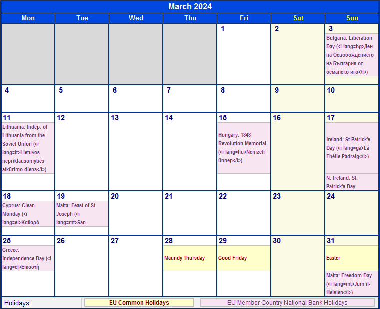 March 2024 Printable Calendar with EU common Holidays & EU Member Country National & Bank Holidays