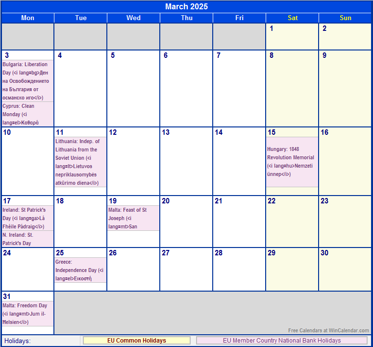 March 2025 EU Calendar with Holidays for printing (image format)