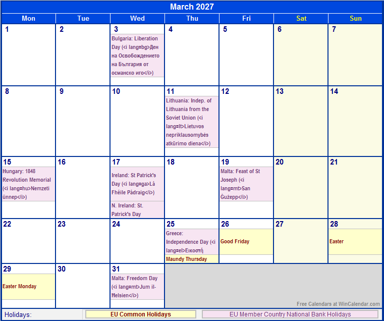 March 2027 Printable Calendar with EU common Holidays & EU Member Country National & Bank Holidays