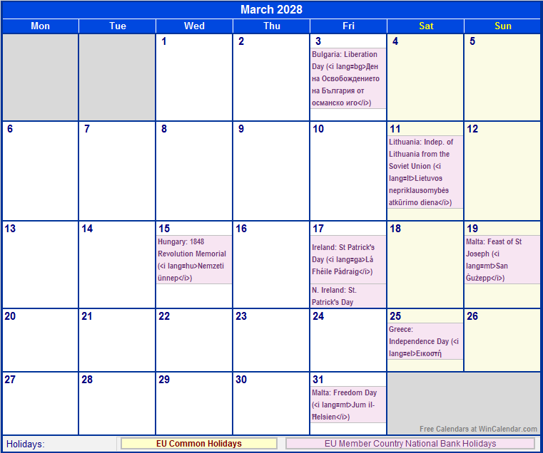 March 2028 Printable Calendar with EU common Holidays & EU Member Country National & Bank Holidays