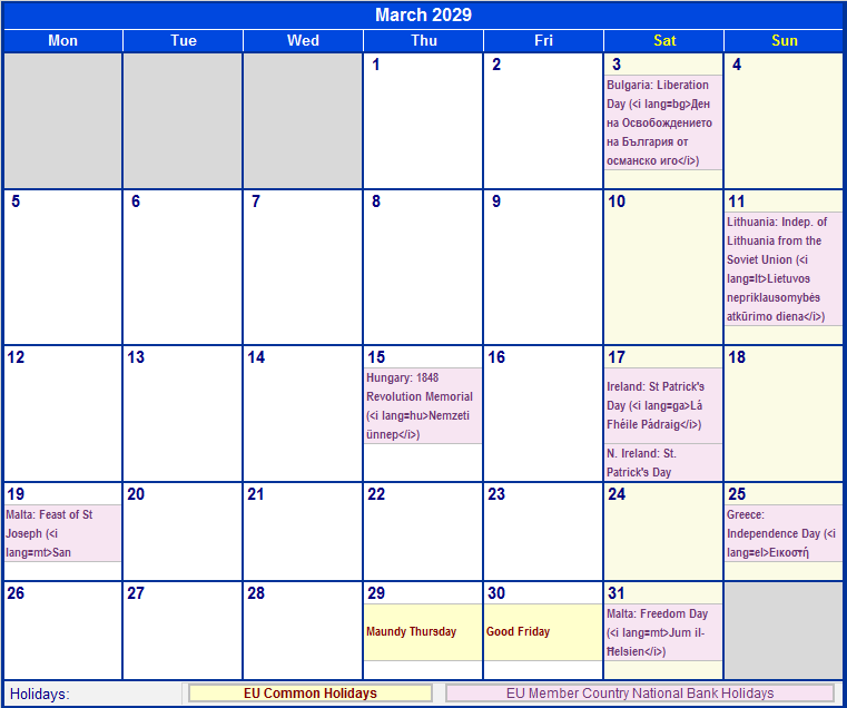 March 2029 Printable Calendar with EU common Holidays & EU Member Country National & Bank Holidays