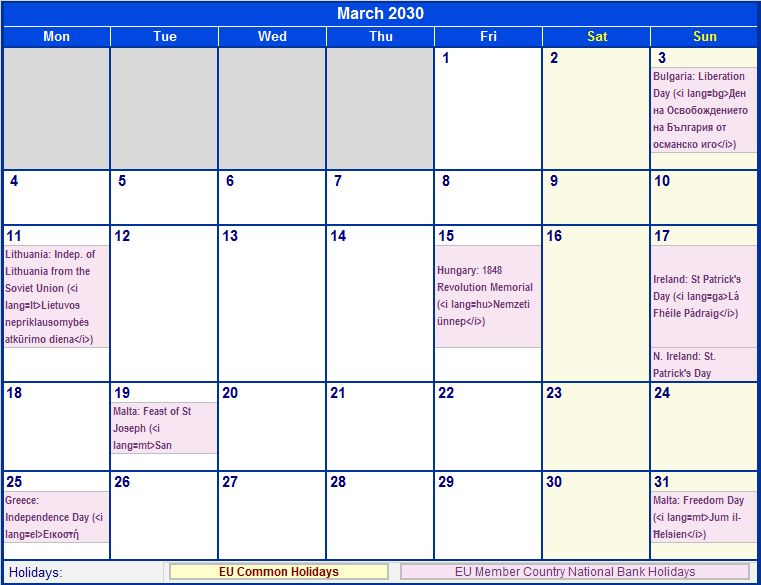 March 2030 Printable Calendar with EU common Holidays & EU Member Country National & Bank Holidays