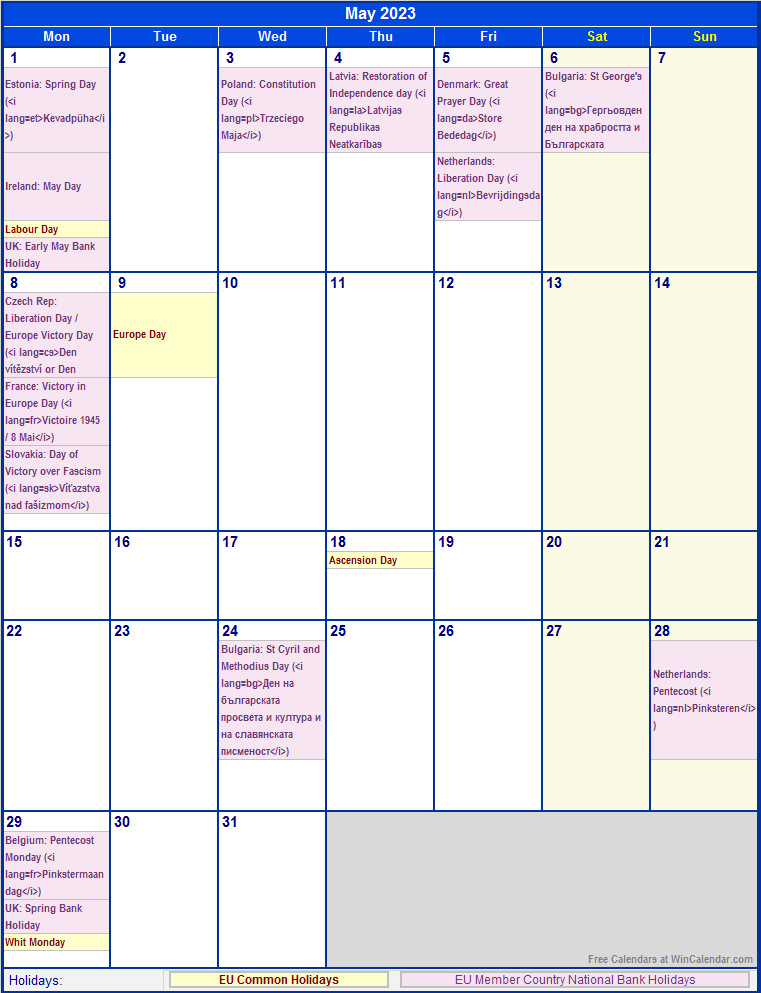 May 2023 Printable Calendar with EU common Holidays & EU Member Country National & Bank Holidays