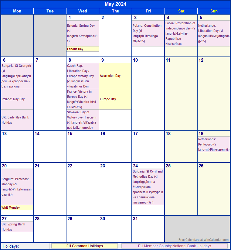 May 2024 Printable Calendar with EU common Holidays & EU Member Country National & Bank Holidays