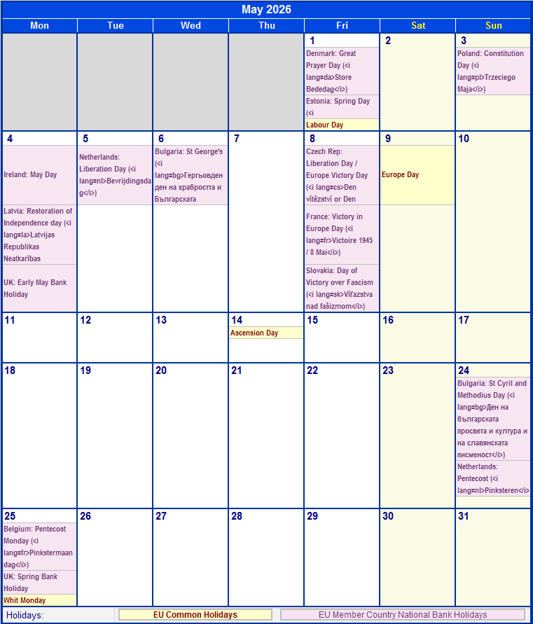 May 2026 Eu Calendar With Holidays For Printing Image Format