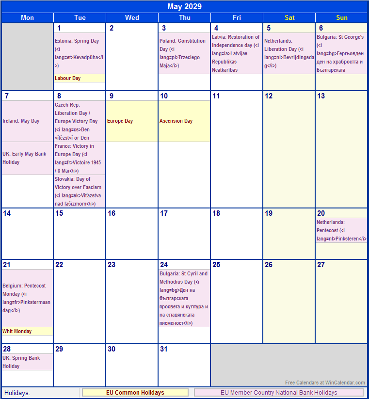 May 2029 Printable Calendar with EU common Holidays & EU Member Country National & Bank Holidays