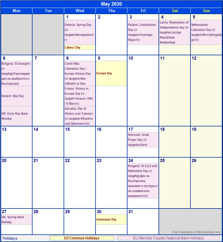 May 2030 EU Calendar with Holidays for printing (image format)