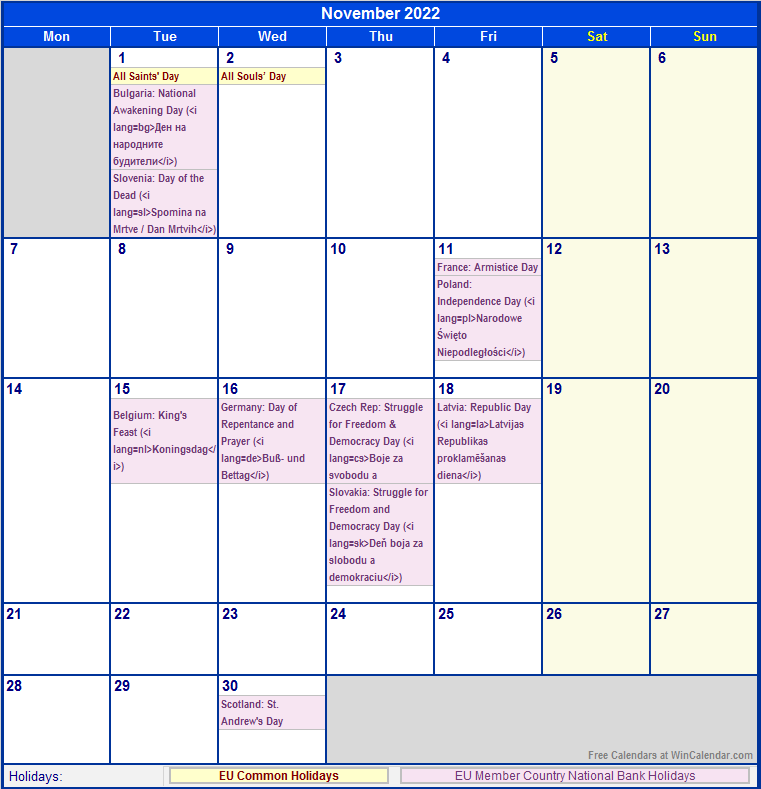 November 2022 Eu Calendar With Holidays For Printing Image Format