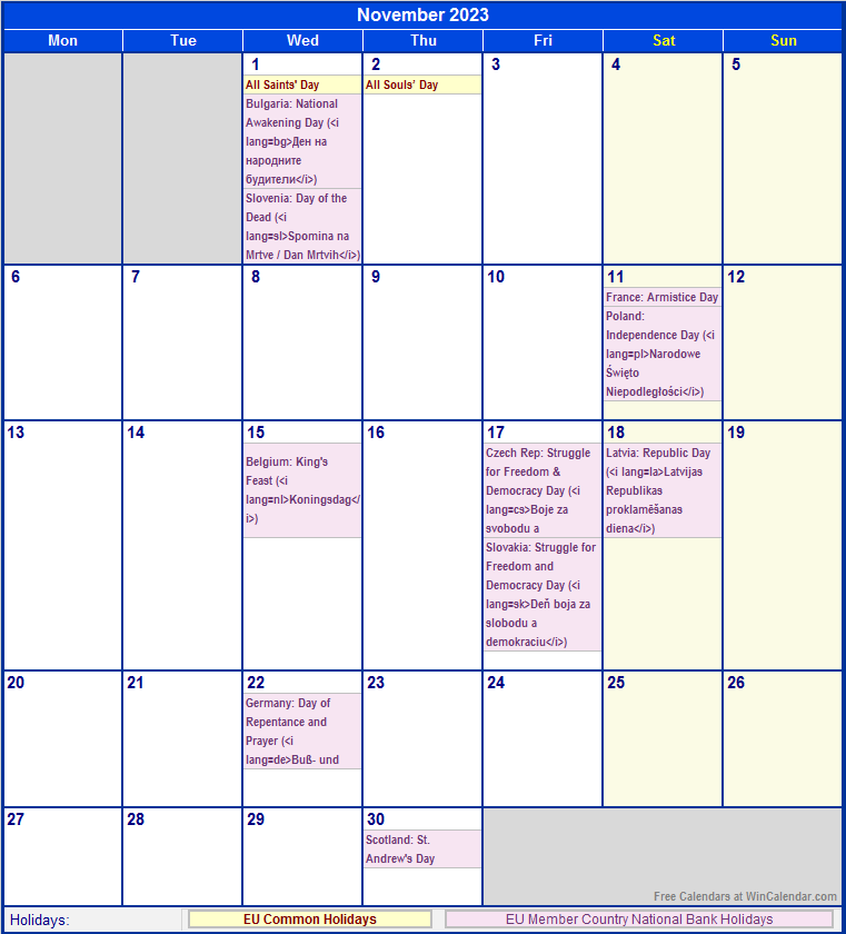 November 2023 Printable Calendar with EU common Holidays & EU Member Country National & Bank Holidays
