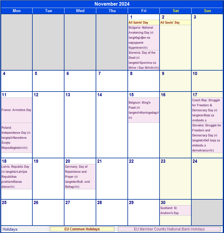 November 2024 Eu Calendar With Holidays For Printing Image Format