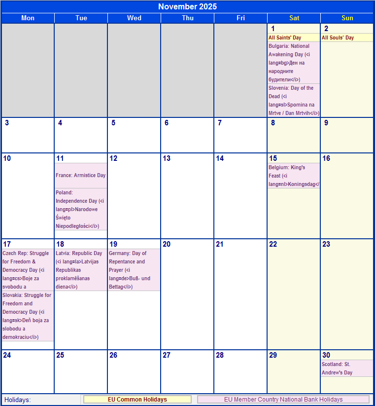 November 2025 EU Calendar with Holidays for printing (image format)
