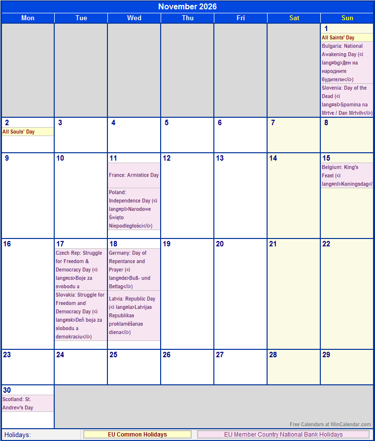 November 2026 Printable Calendar with EU common Holidays & EU Member Country National & Bank Holidays
