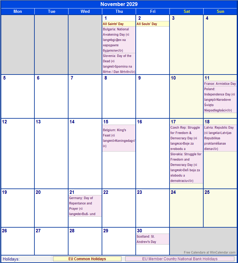 November 2029 Printable Calendar with EU common Holidays & EU Member Country National & Bank Holidays