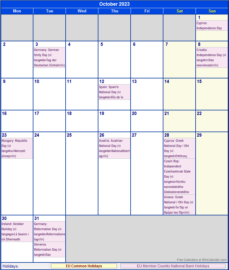 October 2023 Printable Calendar with EU common Holidays & EU Member Country National & Bank Holidays
