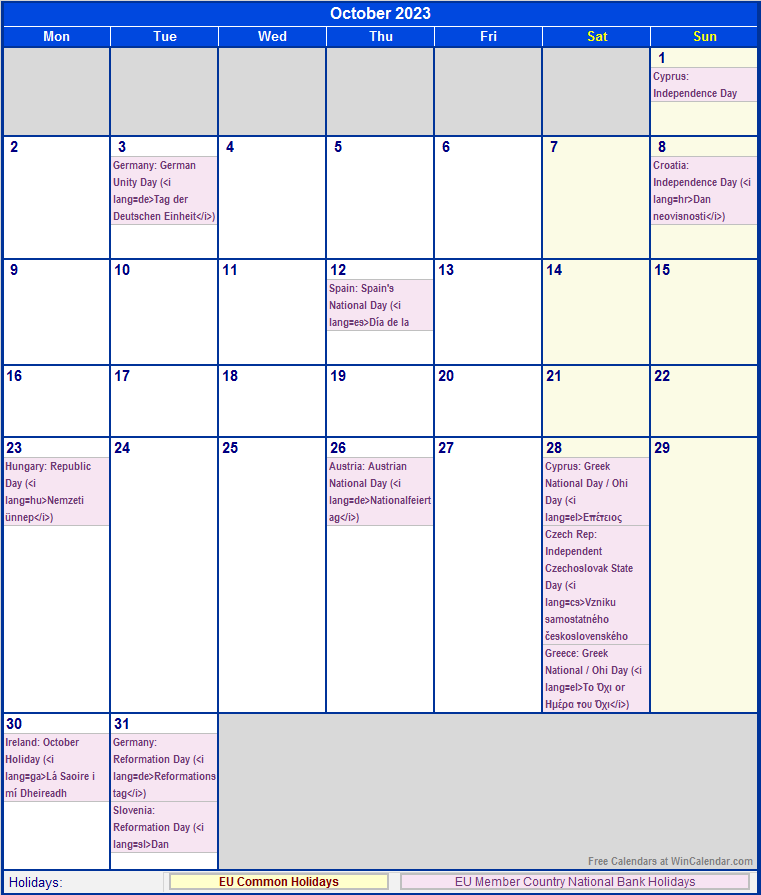 October 2023 EU Calendar With Holidays For Printing image Format 