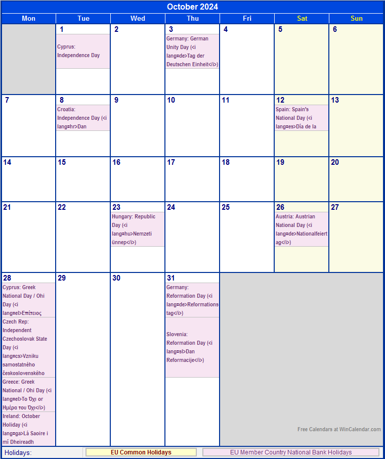 October 2024 Printable Calendar with EU common Holidays & EU Member Country National & Bank Holidays